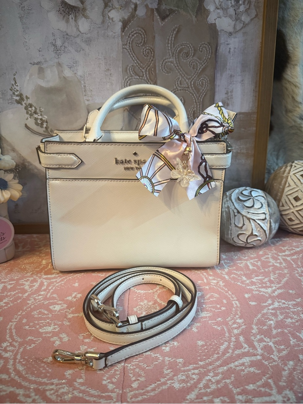 kate spade Cream Saffiano Leather Mini Satchel with Scarf Charm